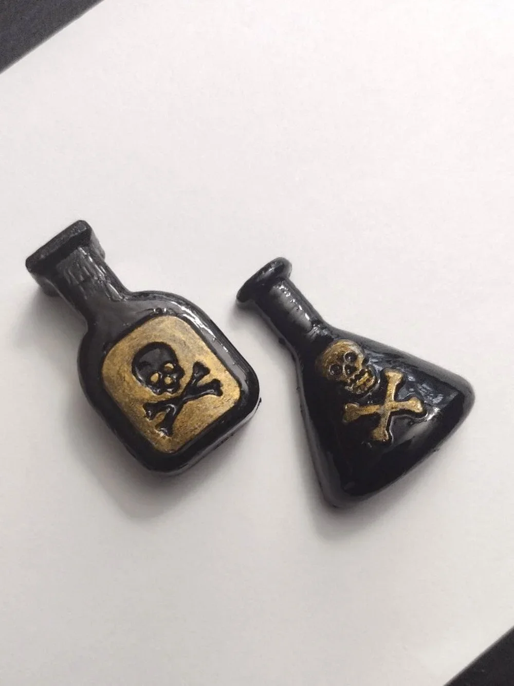 2 Black & Gold Gothic Halloween Apothecary Bottles, Skull & Crossbones Flat-back
